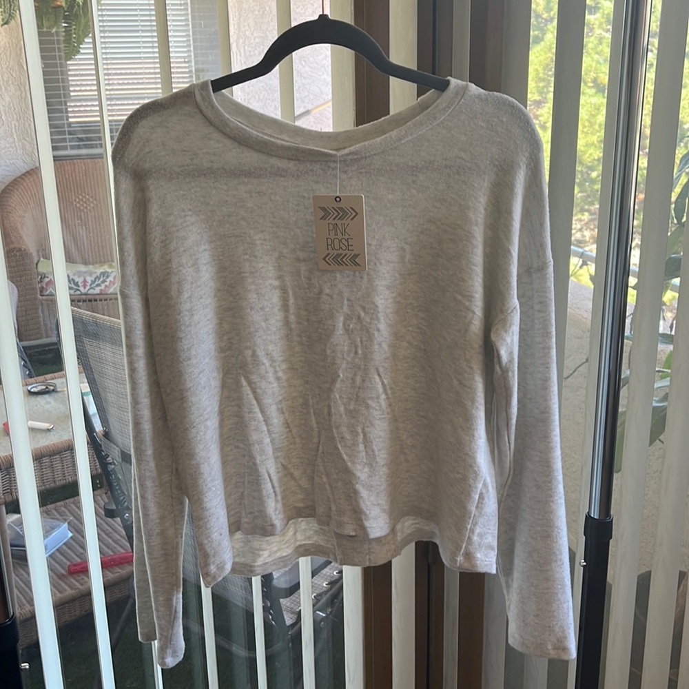 Pink Rose Heather oatmeal sweater with crisscross back Womens (L)